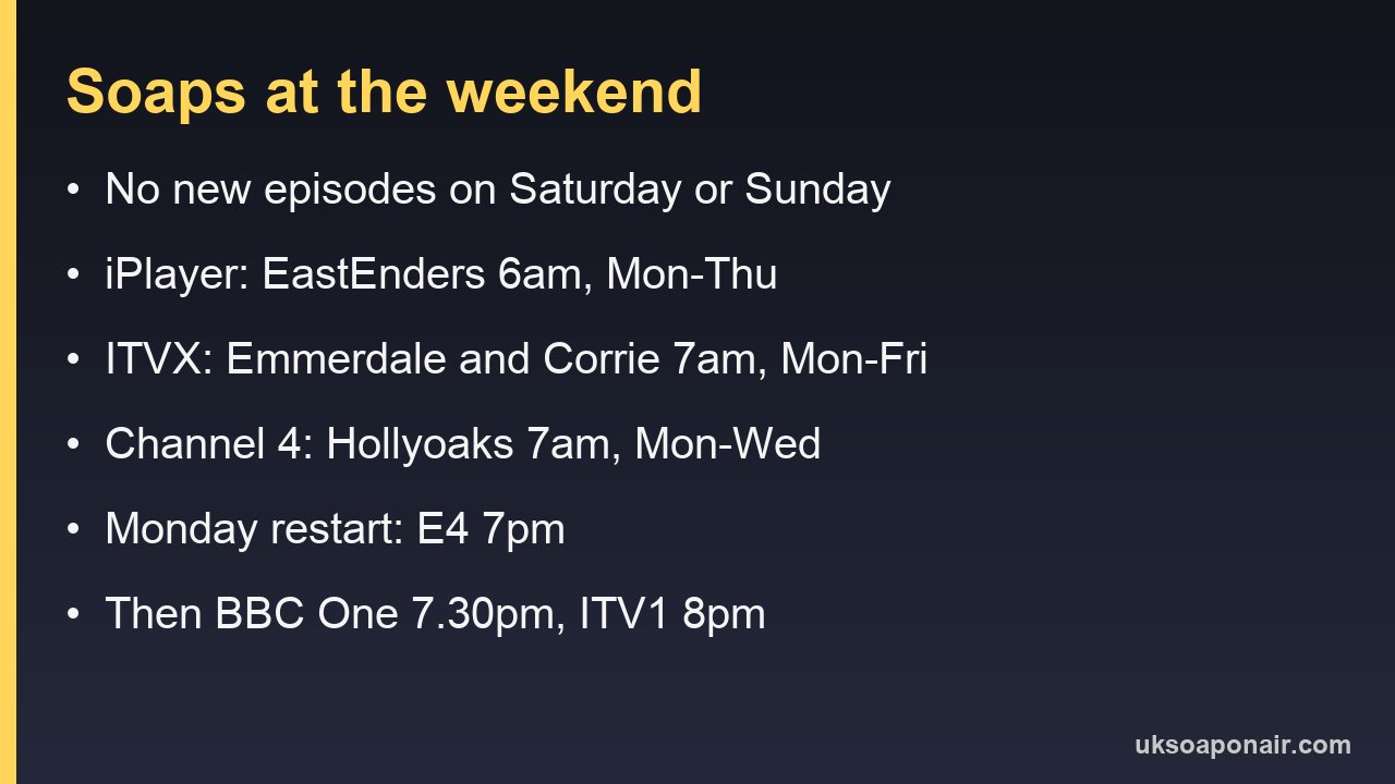 Card showing that no soaps air at the weekend, with the streaming drop times and Monday's restart