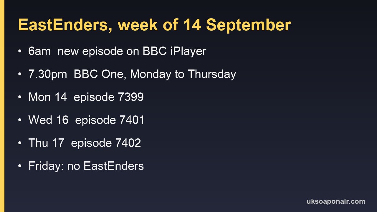 Information card with EastEnders times and episode numbers for the week of 14 September
