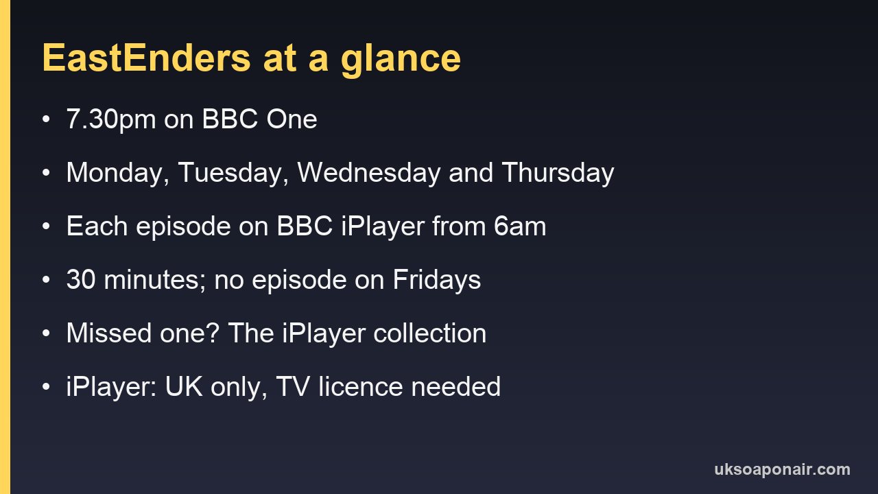 Information card with EastEnders' regular BBC One and iPlayer times