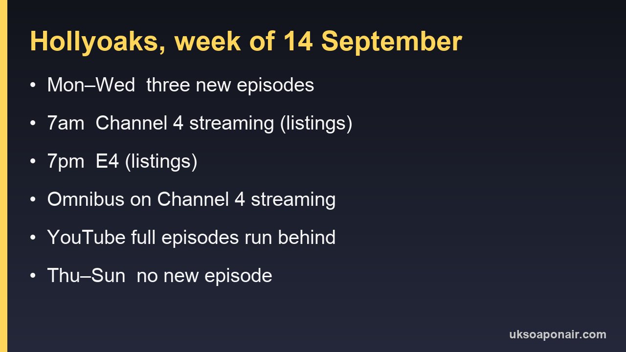 Information card listing Hollyoaks viewing options for the week of 14 September