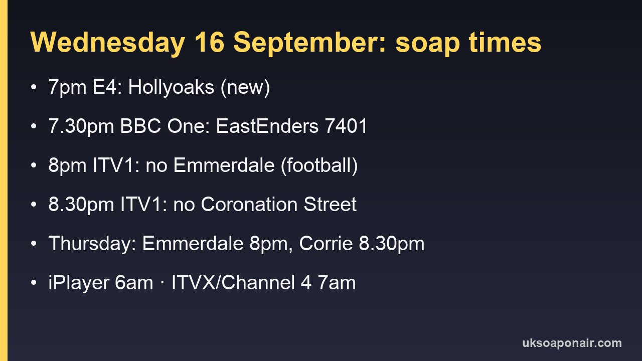 Information card listing Wednesday 16 September soap times and Thursday's returns