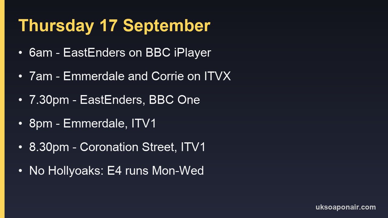 Card listing Thursday 17 September soap times and channels