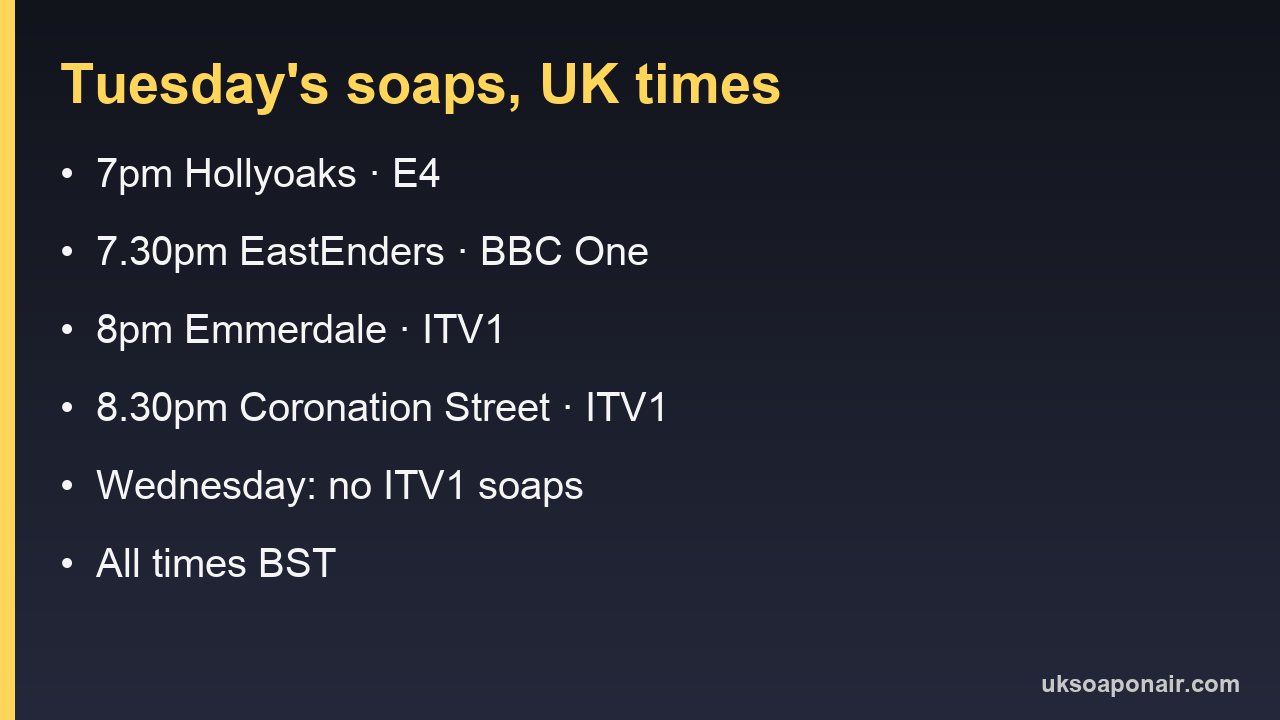 Information card listing Tuesday's soap times