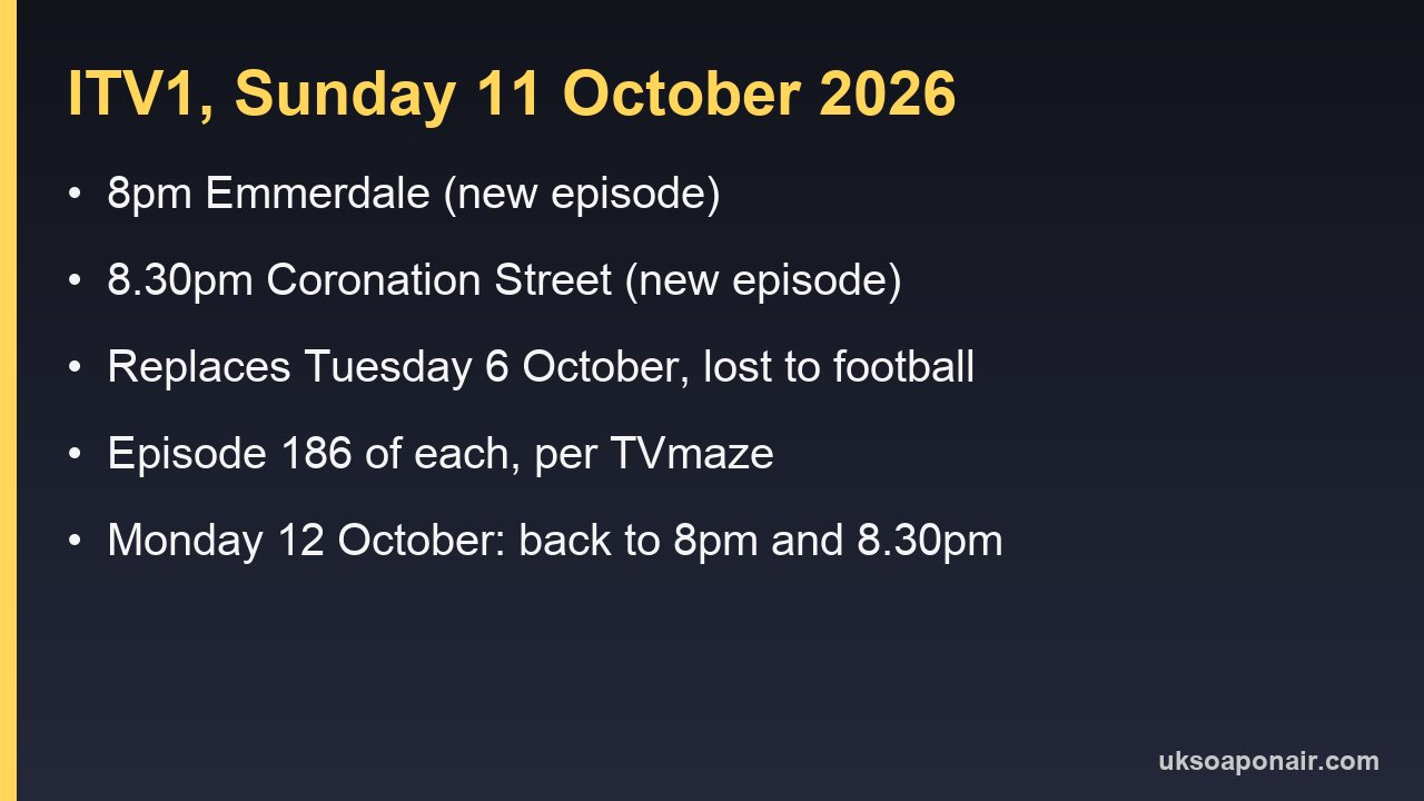Information card: ITV1 on Sunday 11 October 2026 lists Emmerdale at 8pm and Coronation Street at 8.30pm, replacing the episodes lost to football on Tuesday 6 October